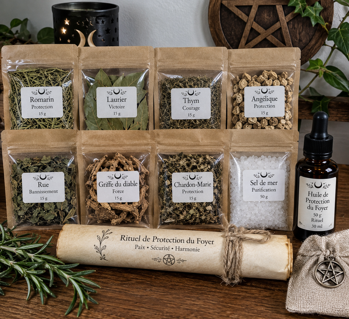 Kit rituel Rempart du Foyer avec romarin, laurier, thym, angélique, rue, griffe du diable, chardon-Marie, sel marin, huile rituelle et parchemin.