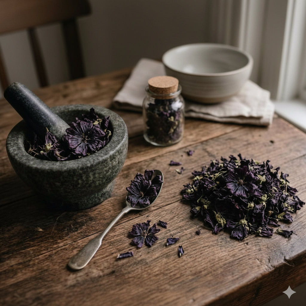 Fleurs de mauve noire séchées 15 g pour le travail de l’ombre, l’introspection, la protection, la divination et les pratiques de sorcellerie.