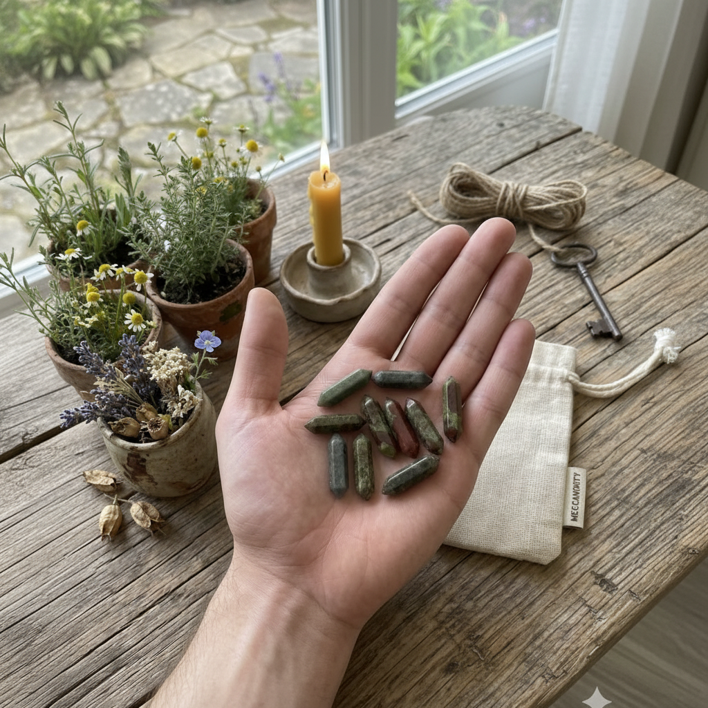 Pierre de Sang de Dragon naturelle en pointe polie double terminaison de 32 × 8 mm, présentée dans une main sur un fond en bois avec des plantes et une bougie.