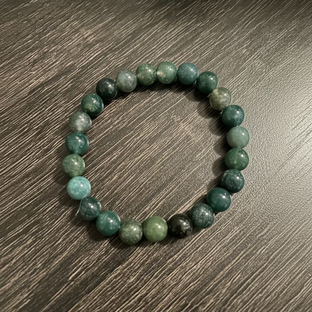 Bracelet Agate Mousse Verte 8 mm 23 pierres naturelles – bracelet de sorcellerie pour abondance, croissance, chance et renouveau