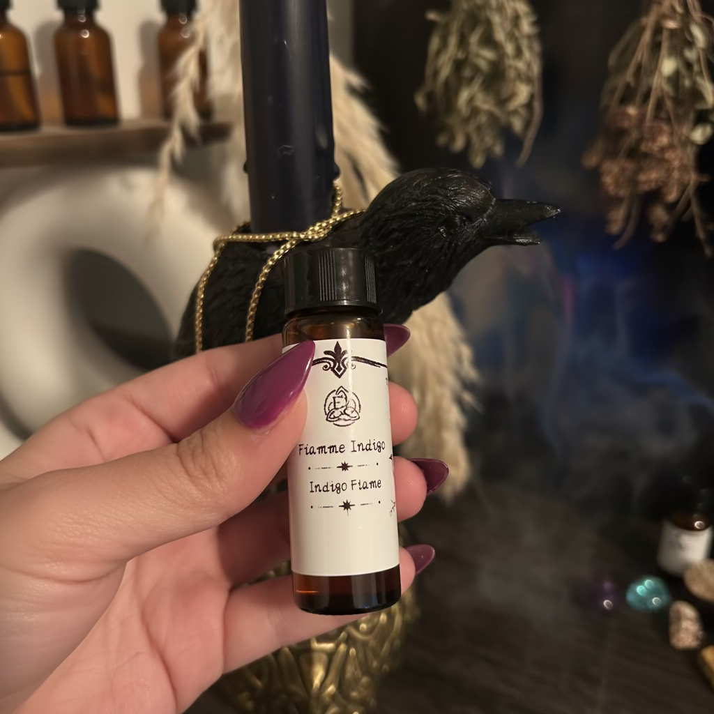 Huile rituelle Flamme Indigo pour télépathie, intuition et activation énergétique du chakra du troisième œil – Enchantement et Sortilèges.