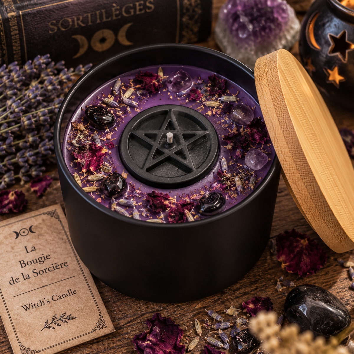 Bougie de la Sorcière 240 g en cire mauve avec pentacle noir, plantes rituelles et pierres, dans un pot noir avec couvercle en bambou.