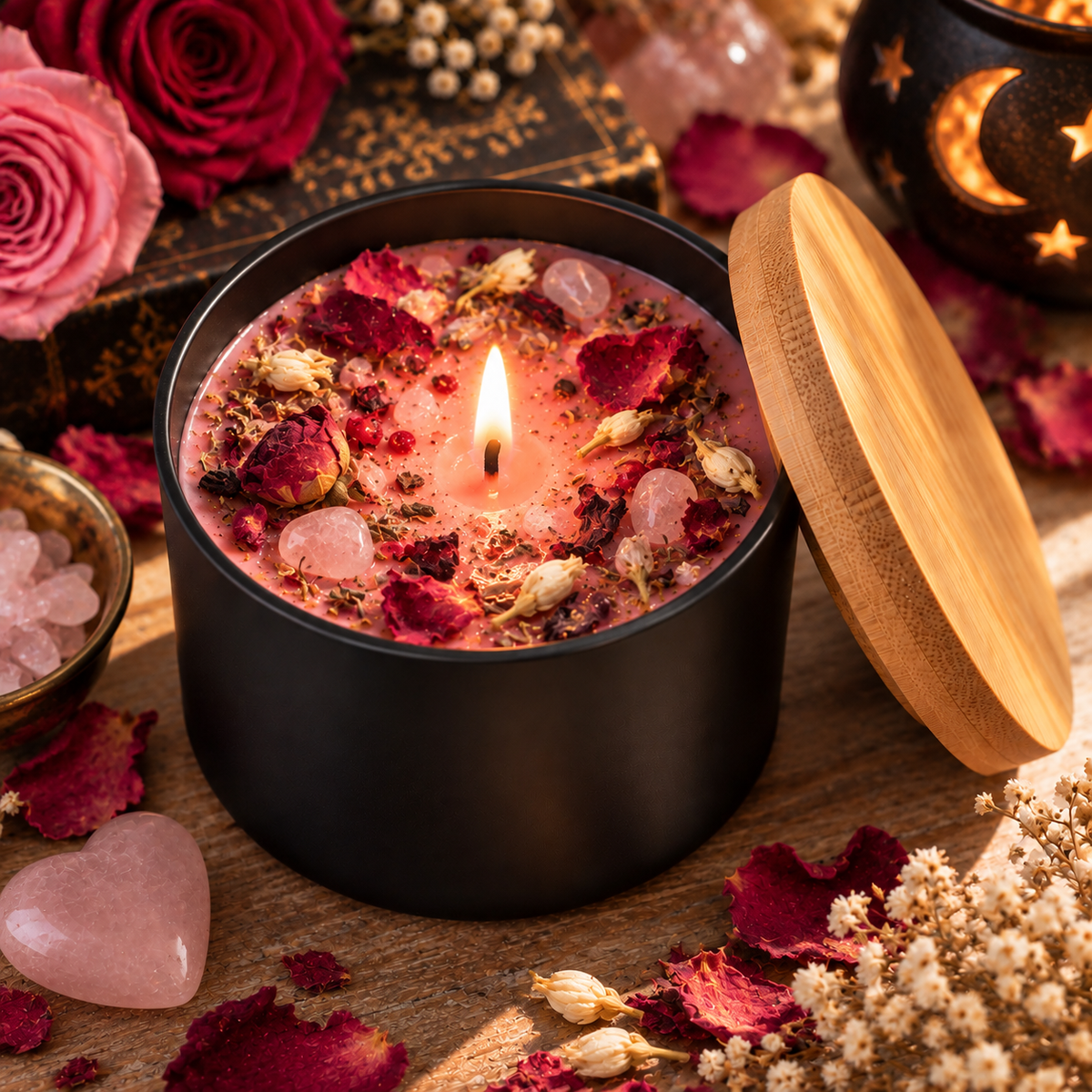 Bougie rituelle Charme d’Aphrodite rose avec hibiscus, pétales de rose et quartz rose pour amour, attraction et séduction.