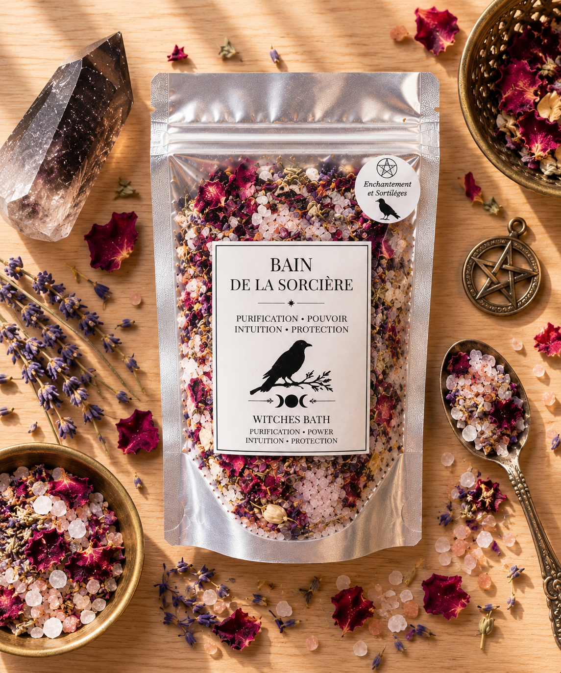 Bain de la Sorcière 200 g avec sels, fleurs et plantes séchées pour rituel de purification, protection et intuition.