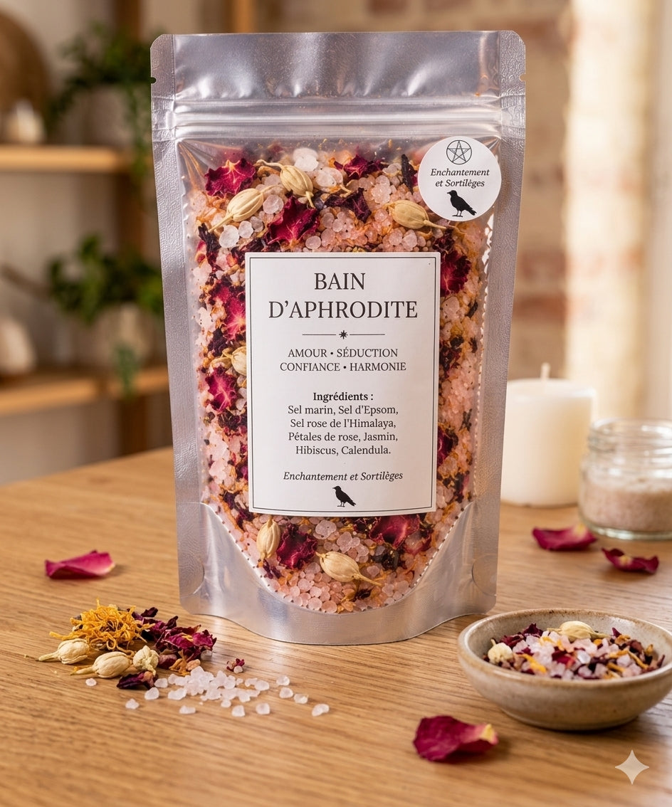Sel de bain rituel d’Aphrodite 200 g pour amour, attraction, beauté et magnétisme – Enchantement et Sortilèges.