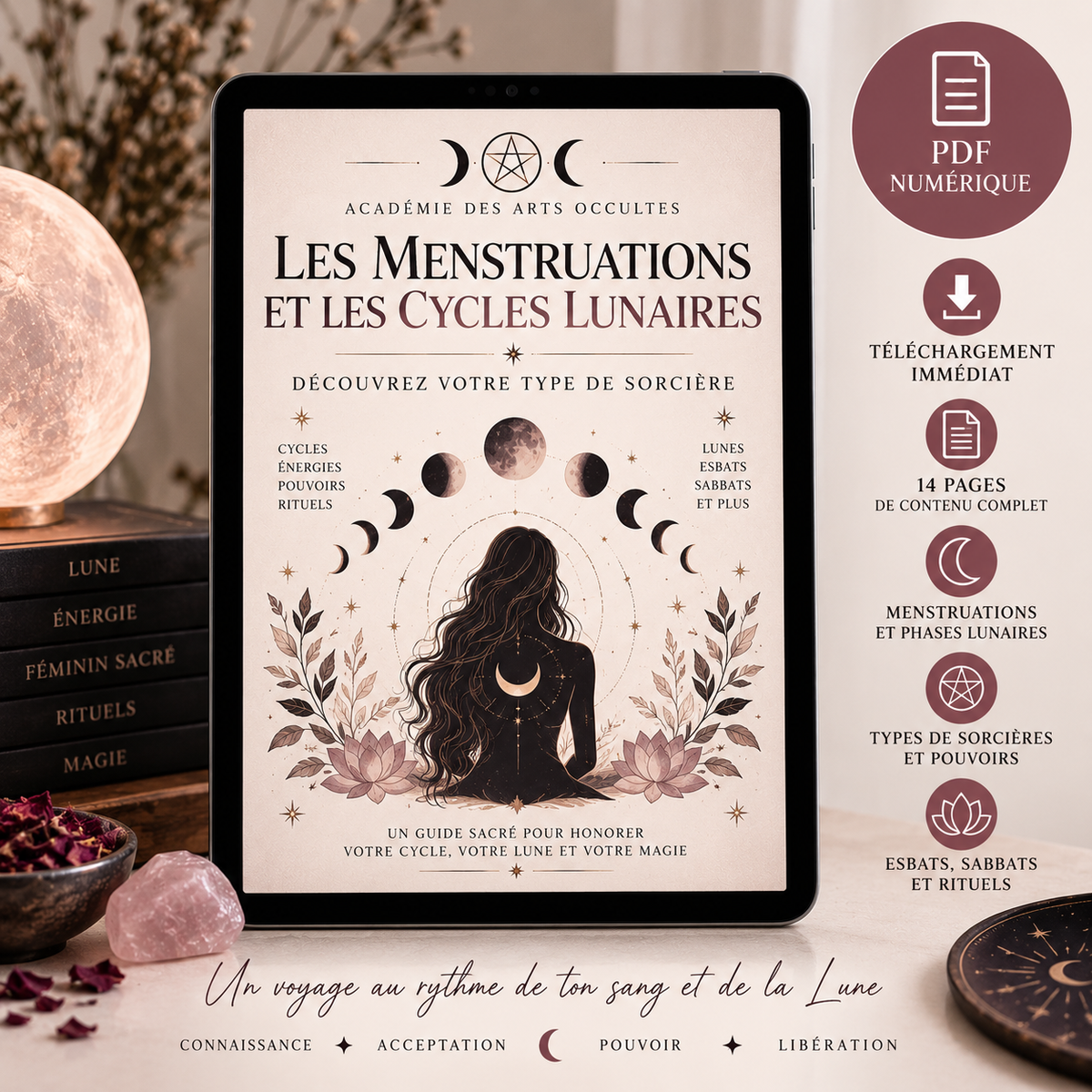 PDF numérique 14 pages Les Menstruations et les Cycles Lunaires – types de sorcières, pouvoirs, Esbats, Sabbats et rituels.