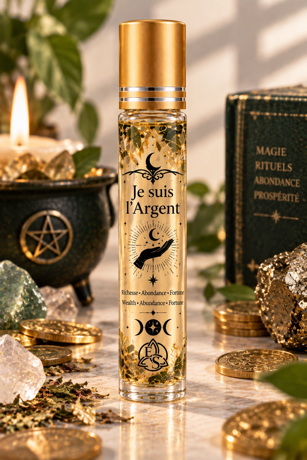 Huile rituelle Je suis l’Argent avec bouchon doré, plantes et éclats dorés, pour rituels d’argent, d’abondance et de prospérité.