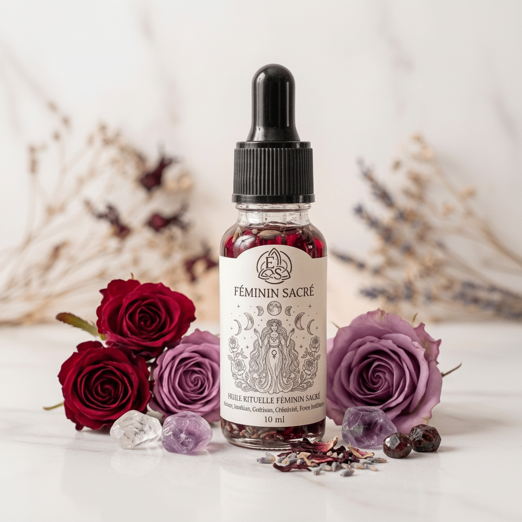Huile rituelle Féminin Sacré 10 ml dans une fiole en verre avec étiquette illustrée, composée de plantes, fleurs et cristaux pour accompagner les rituels d’amour de soi, d’intuition, de créativité, de transformation intérieure et de force intérieure.