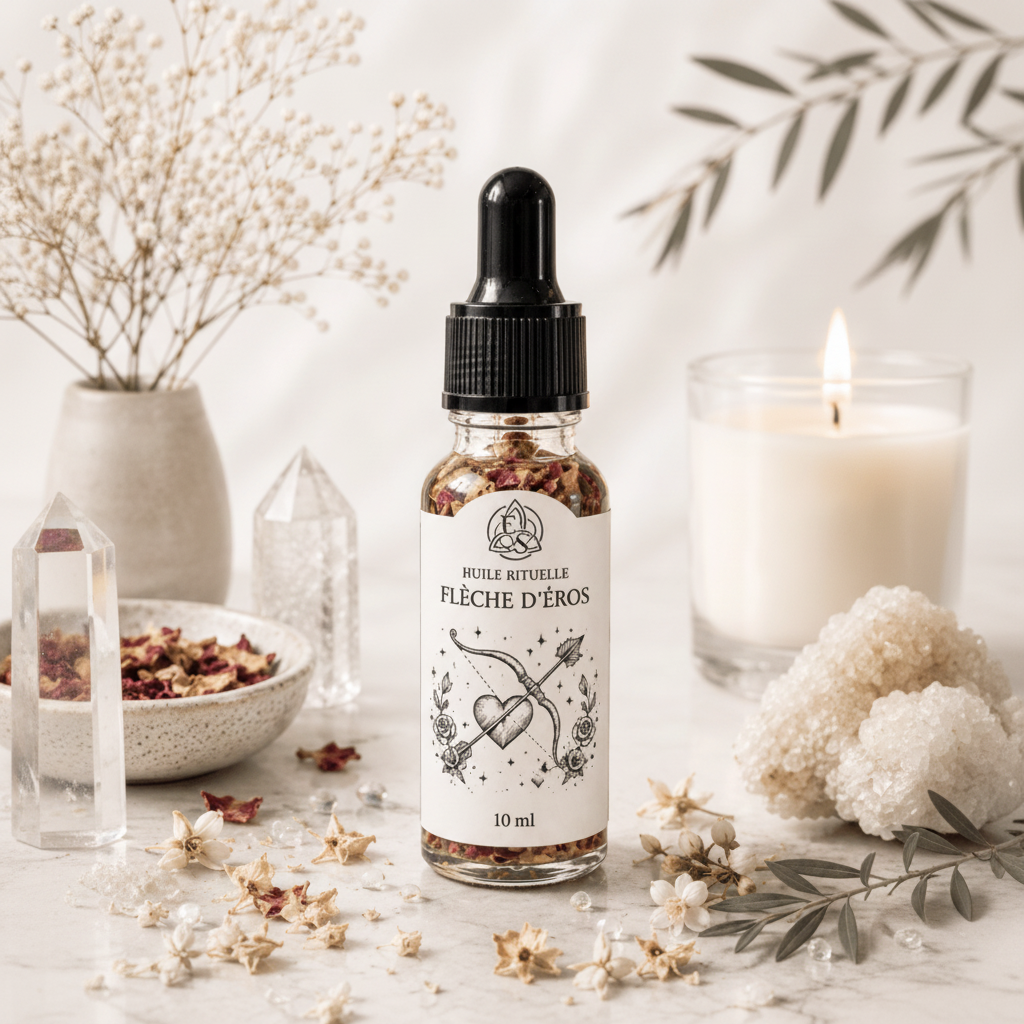 Huile rituelle Flèche d’Éros 10 ml dans une fiole en verre avec étiquette illustrée inspirée d’Éros, composée de plantes, fleurs et cristaux pour accompagner les rituels d’attraction, d’amour et de passion.