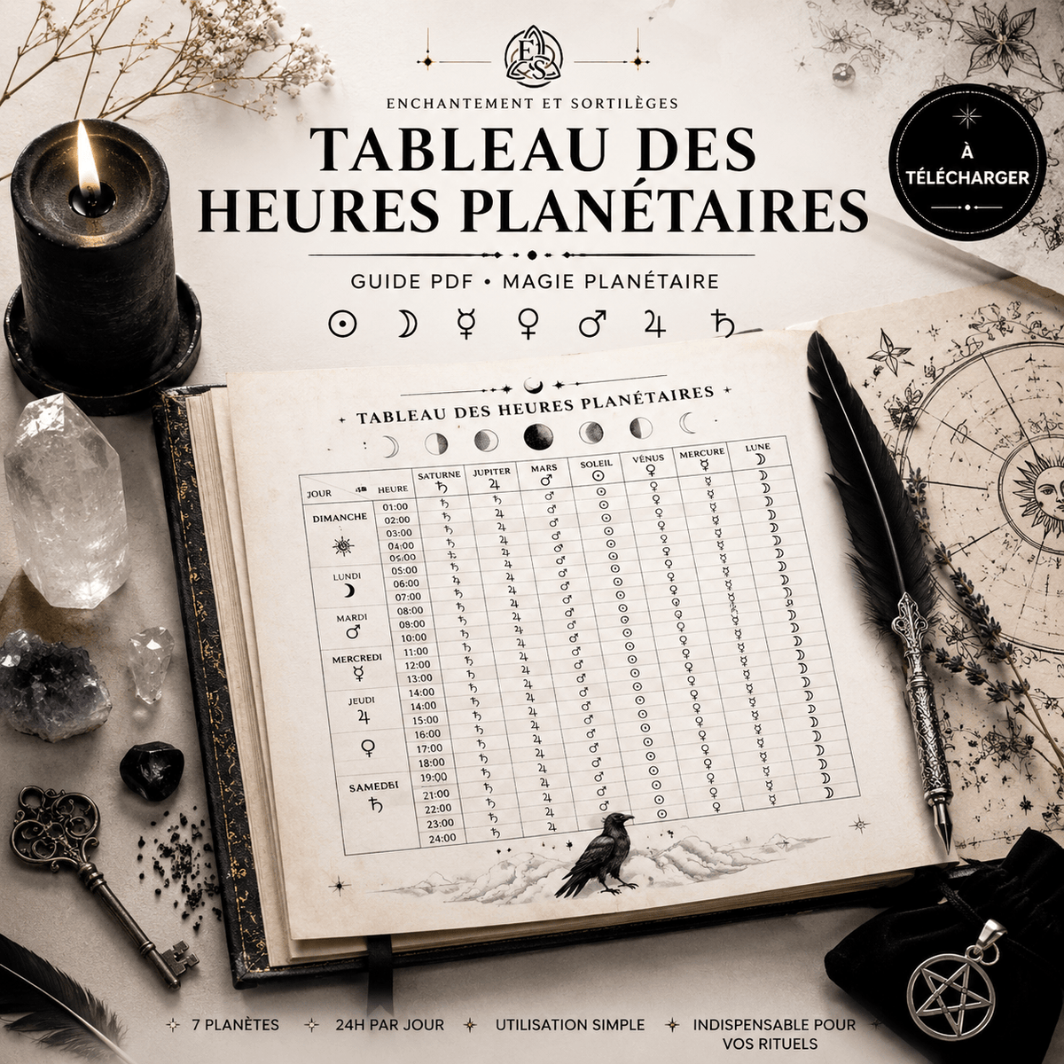Tableau des heures planétaires PDF 1 page - Enchantement et Sortilèges